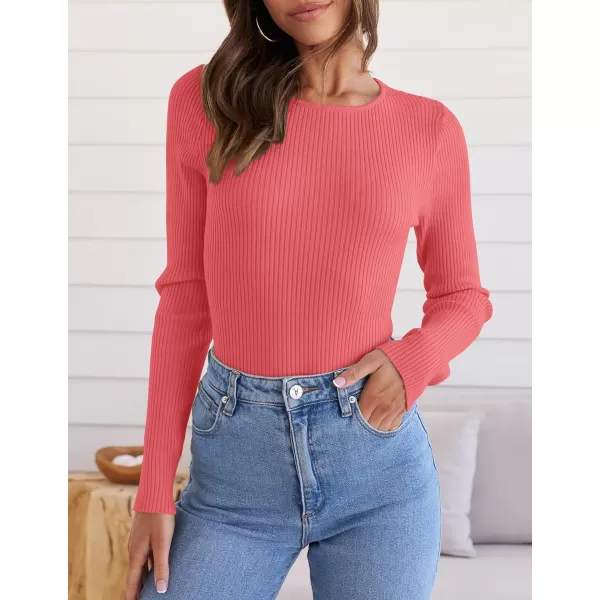 imageZESICA Womens Long Sleeve Crewneck Tops 2024 Spring Fall Clothes Ribbed Knit Sweater Slim Fitted Casual Basic Tee ShirtsWatermelon