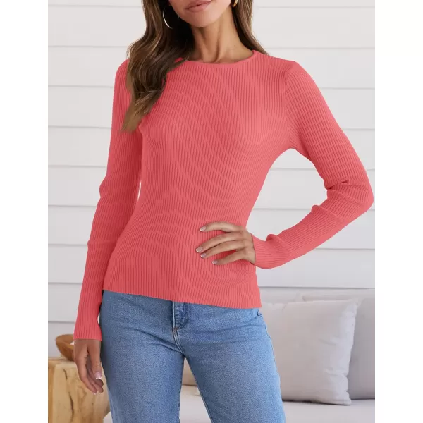 imageZESICA Womens Long Sleeve Crewneck Tops 2024 Spring Fall Clothes Ribbed Knit Sweater Slim Fitted Casual Basic Tee ShirtsWatermelon