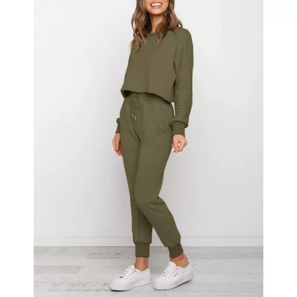 imageZESICA Womens Long Sleeve Crop Top and Pants Pajama Sets 2 Piece Jogger Long Sleepwear Loungewear Pjs SetsArmygreen