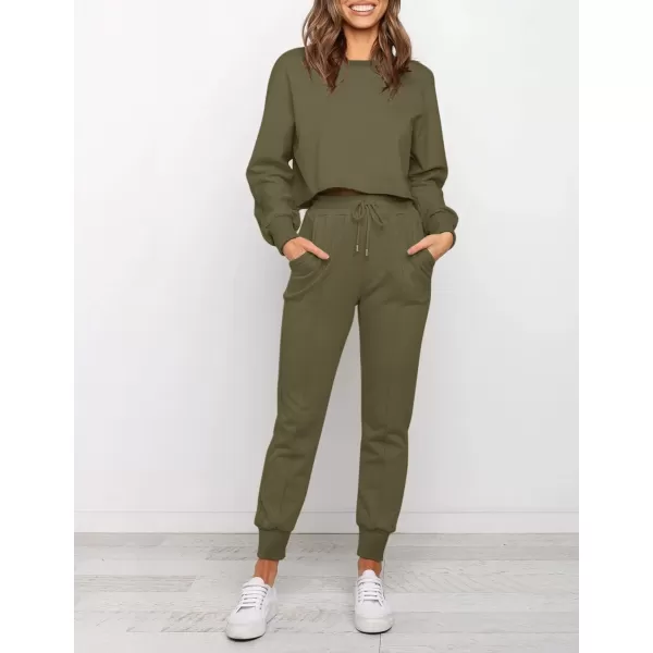 imageZESICA Womens Long Sleeve Crop Top and Pants Pajama Sets 2 Piece Jogger Long Sleepwear Loungewear Pjs SetsArmygreen