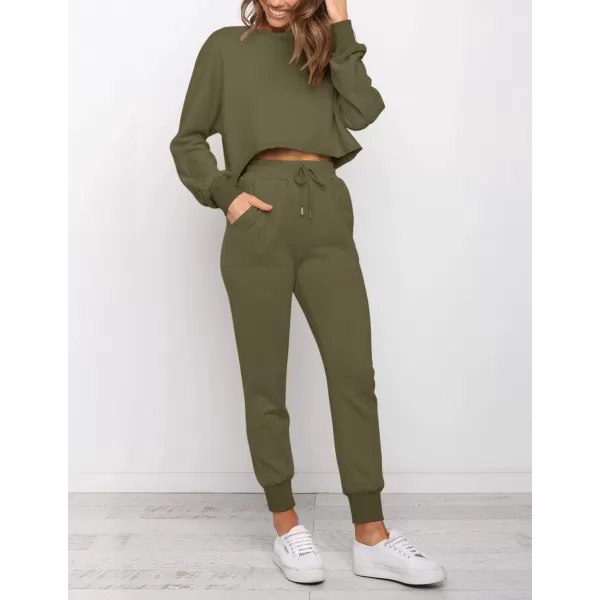 imageZESICA Womens Long Sleeve Crop Top and Pants Pajama Sets 2 Piece Jogger Long Sleepwear Loungewear Pjs SetsArmygreen