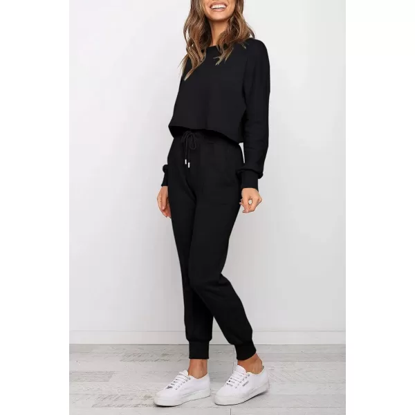 imageZESICA Womens Long Sleeve Crop Top and Pants Pajama Sets 2 Piece Jogger Long Sleepwear Loungewear Pjs SetsBlack