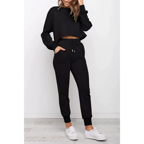 imageZESICA Womens Long Sleeve Crop Top and Pants Pajama Sets 2 Piece Jogger Long Sleepwear Loungewear Pjs SetsBlack