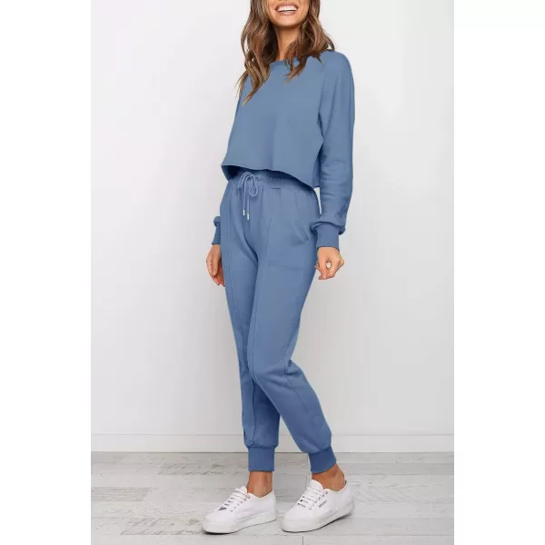 imageZESICA Womens Long Sleeve Crop Top and Pants Pajama Sets 2 Piece Jogger Long Sleepwear Loungewear Pjs SetsBlue