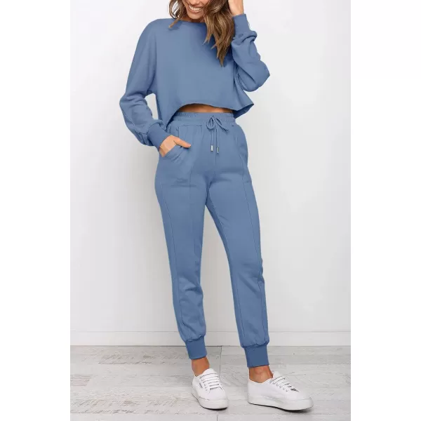 imageZESICA Womens Long Sleeve Crop Top and Pants Pajama Sets 2 Piece Jogger Long Sleepwear Loungewear Pjs SetsBlue