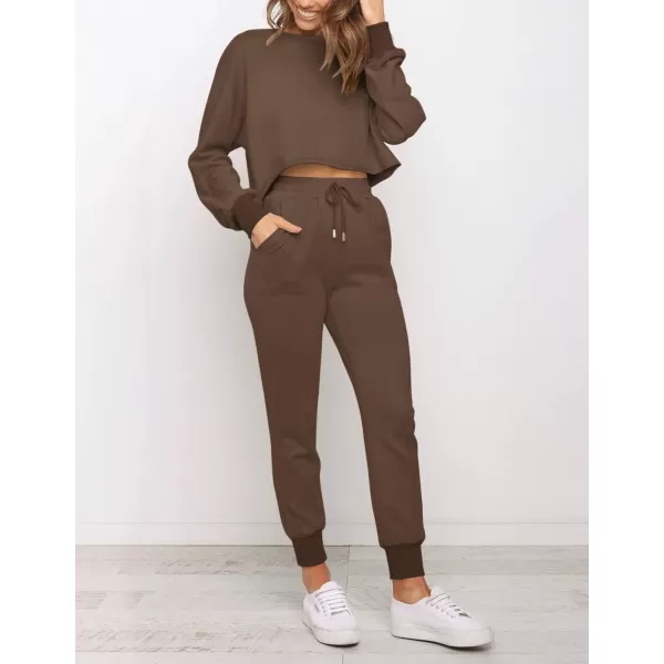 imageZESICA Womens Long Sleeve Crop Top and Pants Pajama Sets 2 Piece Jogger Long Sleepwear Loungewear Pjs SetsCoffee