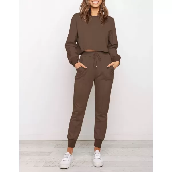 imageZESICA Womens Long Sleeve Crop Top and Pants Pajama Sets 2 Piece Jogger Long Sleepwear Loungewear Pjs SetsCoffee