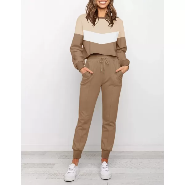 imageZESICA Womens Long Sleeve Crop Top and Pants Pajama Sets 2 Piece Jogger Long Sleepwear Loungewear Pjs SetsContrastkhaki