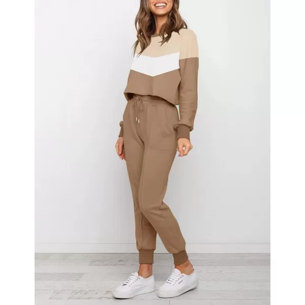imageZESICA Womens Long Sleeve Crop Top and Pants Pajama Sets 2 Piece Jogger Long Sleepwear Loungewear Pjs SetsContrastkhaki