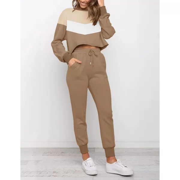 imageZESICA Womens Long Sleeve Crop Top and Pants Pajama Sets 2 Piece Jogger Long Sleepwear Loungewear Pjs SetsContrastkhaki