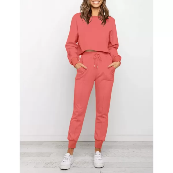 imageZESICA Womens Long Sleeve Crop Top and Pants Pajama Sets 2 Piece Jogger Long Sleepwear Loungewear Pjs SetsGrapefruit