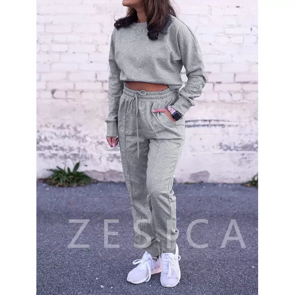 imageZESICA Womens Long Sleeve Crop Top and Pants Pajama Sets 2 Piece Jogger Long Sleepwear Loungewear Pjs SetsGrey