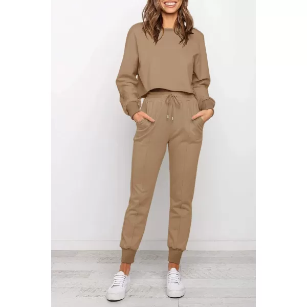 imageZESICA Womens Long Sleeve Crop Top and Pants Pajama Sets 2 Piece Jogger Long Sleepwear Loungewear Pjs SetsKhaki