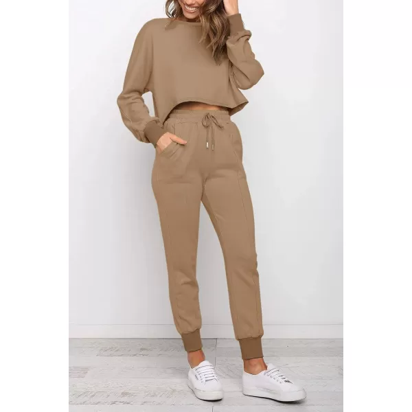 imageZESICA Womens Long Sleeve Crop Top and Pants Pajama Sets 2 Piece Jogger Long Sleepwear Loungewear Pjs SetsKhaki