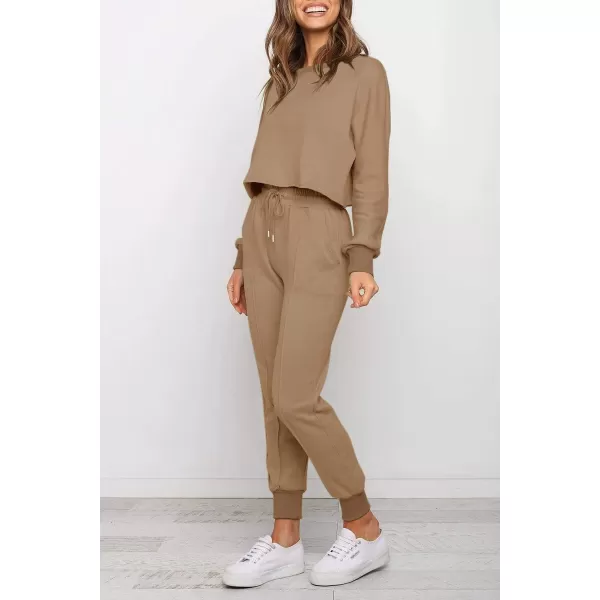 imageZESICA Womens Long Sleeve Crop Top and Pants Pajama Sets 2 Piece Jogger Long Sleepwear Loungewear Pjs SetsKhaki