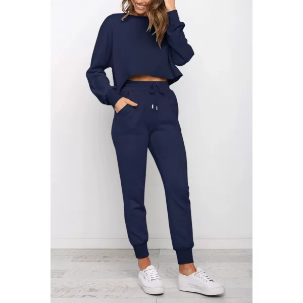 imageZESICA Womens Long Sleeve Crop Top and Pants Pajama Sets 2 Piece Jogger Long Sleepwear Loungewear Pjs SetsNavy