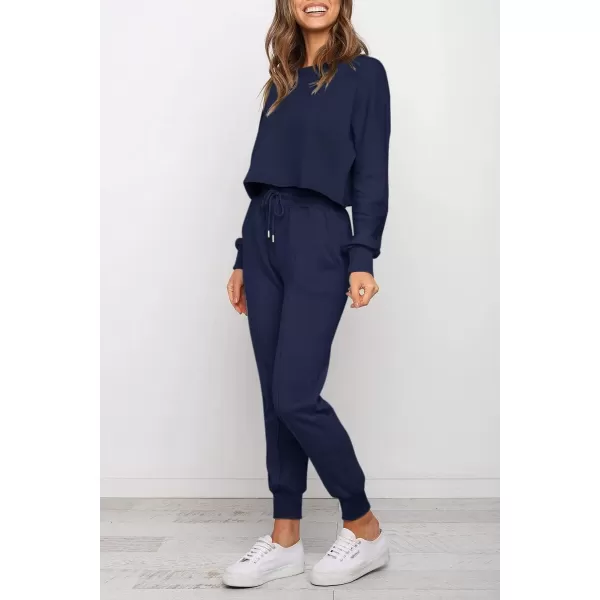 imageZESICA Womens Long Sleeve Crop Top and Pants Pajama Sets 2 Piece Jogger Long Sleepwear Loungewear Pjs SetsNavy