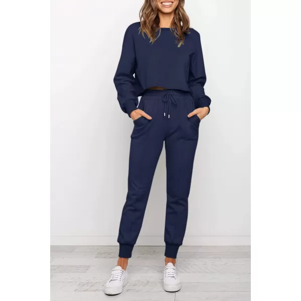 imageZESICA Womens Long Sleeve Crop Top and Pants Pajama Sets 2 Piece Jogger Long Sleepwear Loungewear Pjs SetsNavy