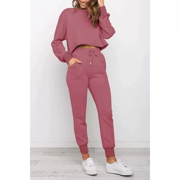 imageZESICA Womens Long Sleeve Crop Top and Pants Pajama Sets 2 Piece Jogger Long Sleepwear Loungewear Pjs SetsRosy