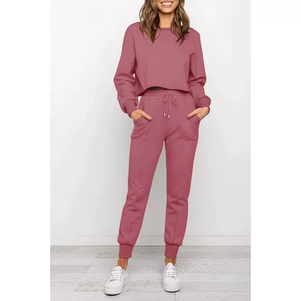 imageZESICA Womens Long Sleeve Crop Top and Pants Pajama Sets 2 Piece Jogger Long Sleepwear Loungewear Pjs SetsRosy