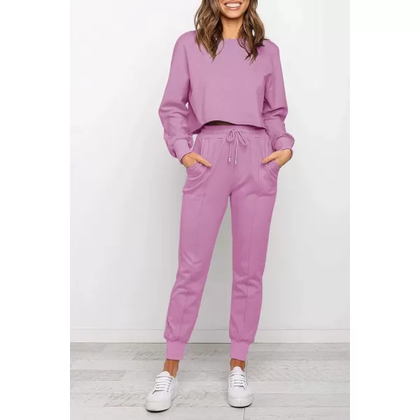 imageZESICA Womens Long Sleeve Crop Top and Pants Pajama Sets 2 Piece Jogger Long Sleepwear Loungewear Pjs SetsRosypurple