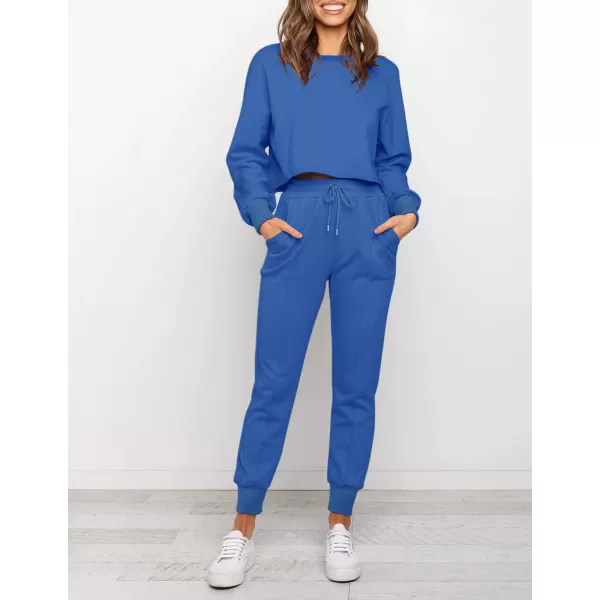 imageZESICA Womens Long Sleeve Crop Top and Pants Pajama Sets 2 Piece Jogger Long Sleepwear Loungewear Pjs SetsRoyalblue