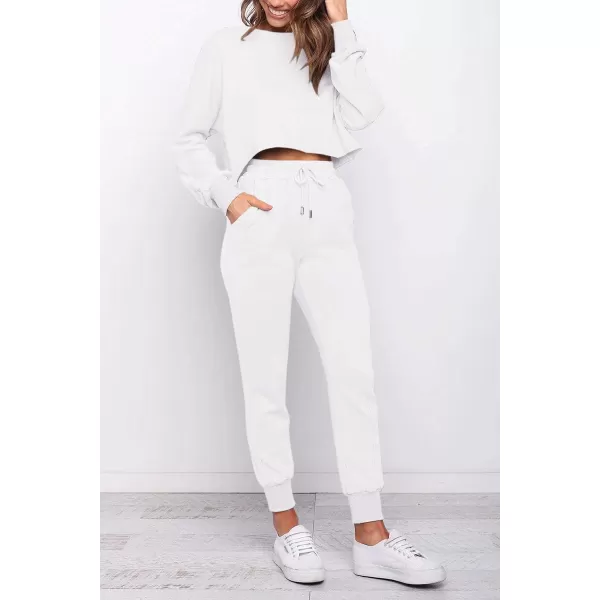 imageZESICA Womens Long Sleeve Crop Top and Pants Pajama Sets 2 Piece Jogger Long Sleepwear Loungewear Pjs SetsWhite