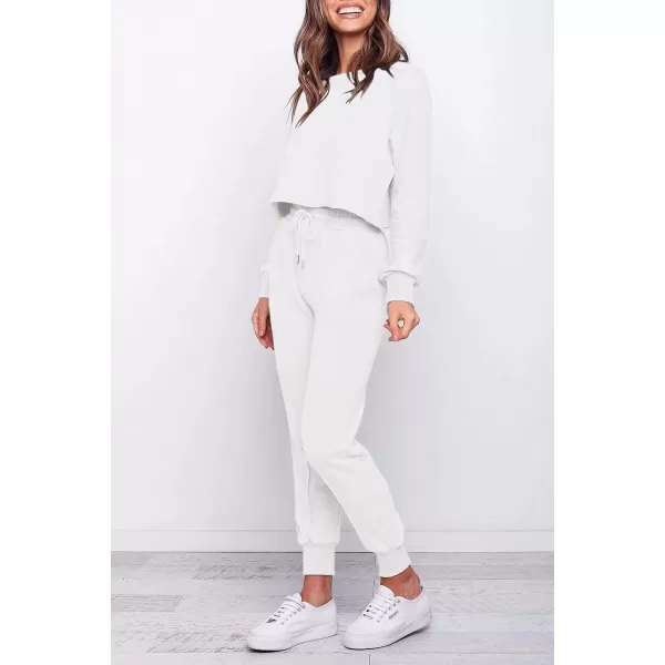 imageZESICA Womens Long Sleeve Crop Top and Pants Pajama Sets 2 Piece Jogger Long Sleepwear Loungewear Pjs SetsWhite