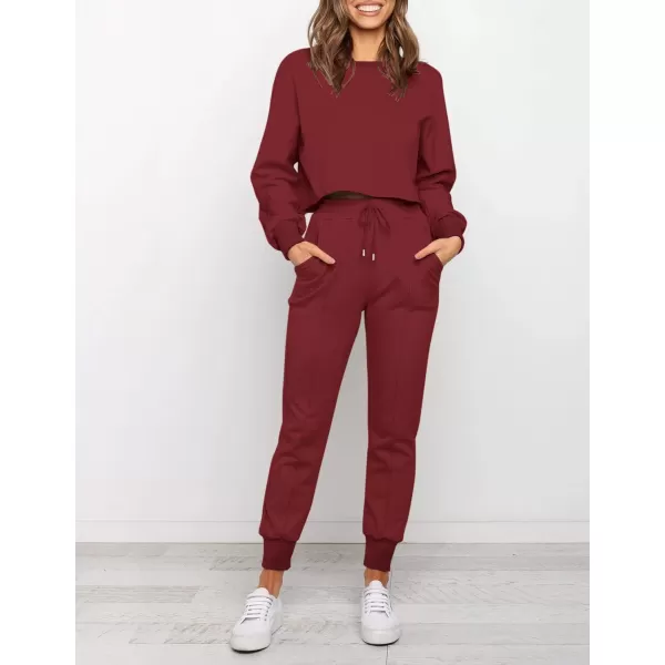 imageZESICA Womens Long Sleeve Crop Top and Pants Pajama Sets 2 Piece Jogger Long Sleepwear Loungewear Pjs SetsWine