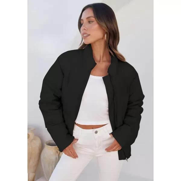 imageZESICA Womens Long Sleeve Cropped Puffer Jacket Winter Zipper Quilted Baggy Warm Short Down Coat Outwear with PocketsBlack