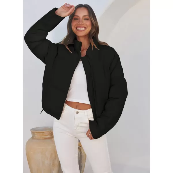 imageZESICA Womens Long Sleeve Cropped Puffer Jacket Winter Zipper Quilted Baggy Warm Short Down Coat Outwear with PocketsBlack