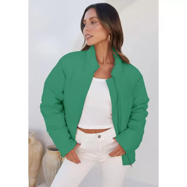 imageZESICA Womens Long Sleeve Cropped Puffer Jacket Winter Zipper Quilted Baggy Warm Short Down Coat Outwear with PocketsGreen