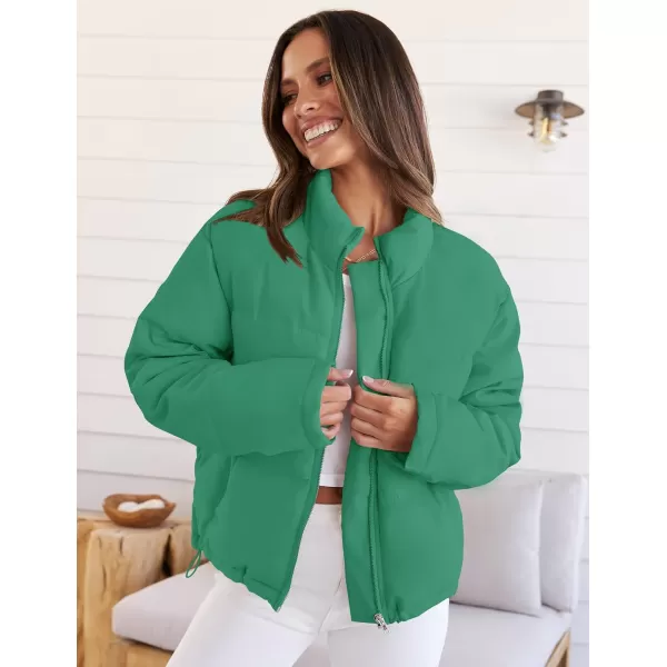 imageZESICA Womens Long Sleeve Cropped Puffer Jacket Winter Zipper Quilted Baggy Warm Short Down Coat Outwear with PocketsGreen