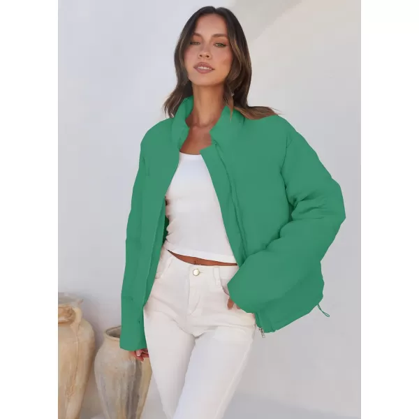 imageZESICA Womens Long Sleeve Cropped Puffer Jacket Winter Zipper Quilted Baggy Warm Short Down Coat Outwear with PocketsGreen
