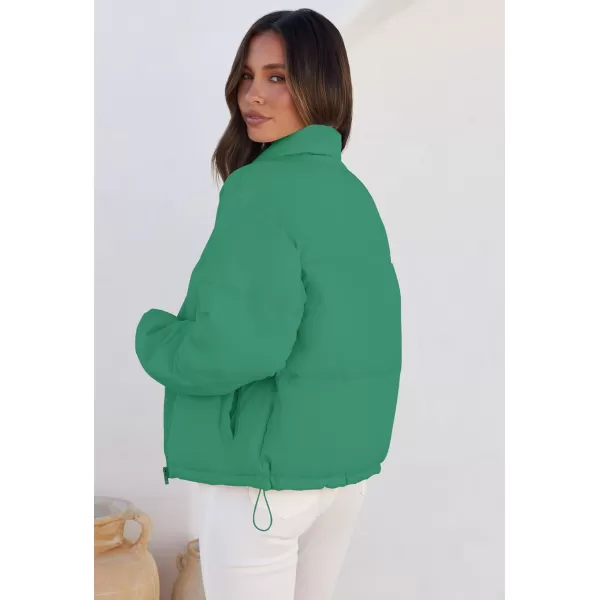 imageZESICA Womens Long Sleeve Cropped Puffer Jacket Winter Zipper Quilted Baggy Warm Short Down Coat Outwear with PocketsGreen