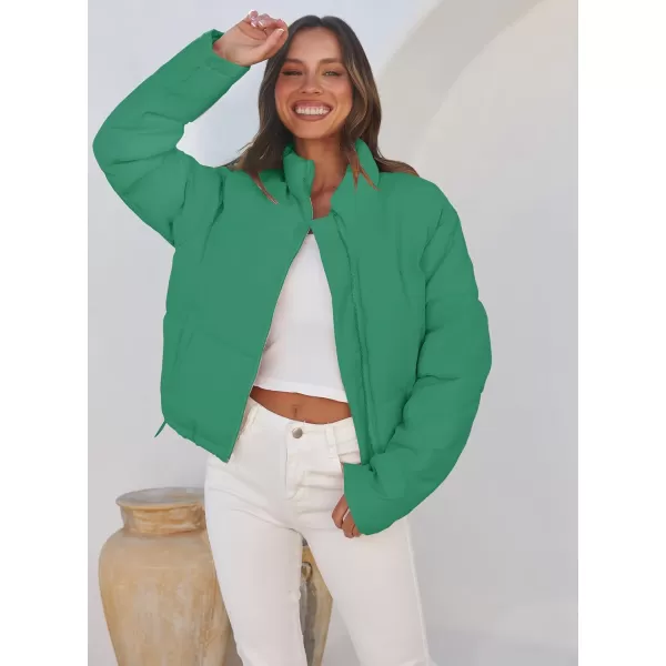 imageZESICA Womens Long Sleeve Cropped Puffer Jacket Winter Zipper Quilted Baggy Warm Short Down Coat Outwear with PocketsGreen