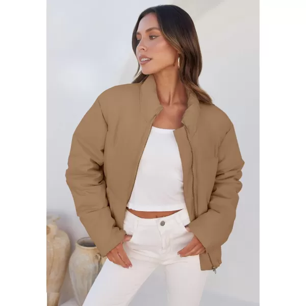 imageZESICA Womens Long Sleeve Cropped Puffer Jacket Winter Zipper Quilted Baggy Warm Short Down Coat Outwear with PocketsKhaki