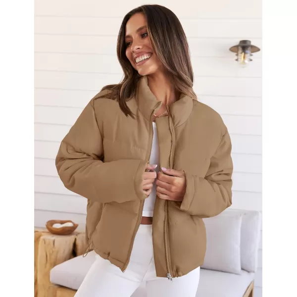 imageZESICA Womens Long Sleeve Cropped Puffer Jacket Winter Zipper Quilted Baggy Warm Short Down Coat Outwear with PocketsKhaki