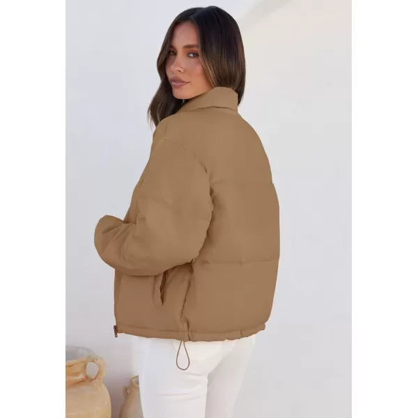 imageZESICA Womens Long Sleeve Cropped Puffer Jacket Winter Zipper Quilted Baggy Warm Short Down Coat Outwear with PocketsKhaki