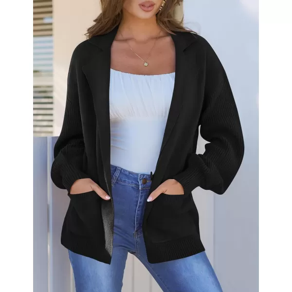 imageZESICA Womens Long Sleeve Open Front Lapel Oversized Knit Cardigan Sweater Coat Outerwear with PocketsBlack
