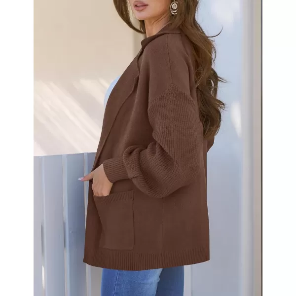 imageZESICA Womens Long Sleeve Open Front Lapel Oversized Knit Cardigan Sweater Coat Outerwear with PocketsBrown