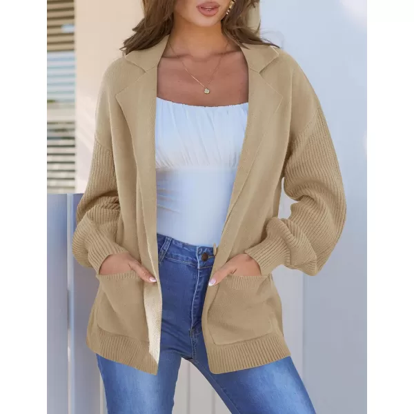 imageZESICA Womens Long Sleeve Open Front Lapel Oversized Knit Cardigan Sweater Coat Outerwear with PocketsKhaki