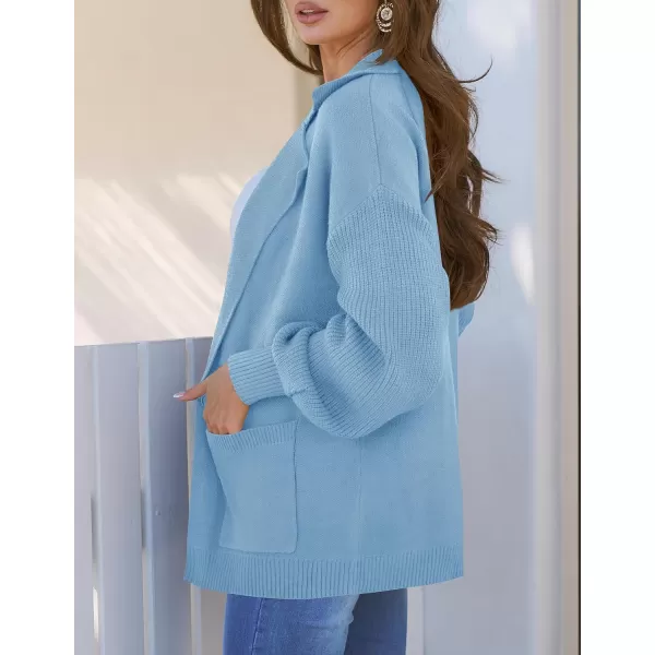 imageZESICA Womens Long Sleeve Open Front Lapel Oversized Knit Cardigan Sweater Coat Outerwear with PocketsLightblue