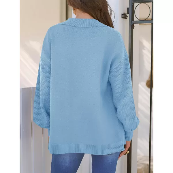 imageZESICA Womens Long Sleeve Open Front Lapel Oversized Knit Cardigan Sweater Coat Outerwear with PocketsLightblue