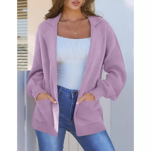imageZESICA Womens Long Sleeve Open Front Lapel Oversized Knit Cardigan Sweater Coat Outerwear with PocketsPurple