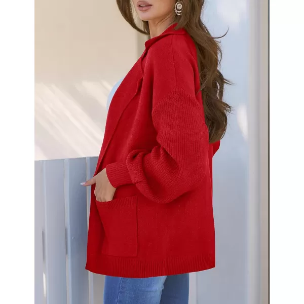 imageZESICA Womens Long Sleeve Open Front Lapel Oversized Knit Cardigan Sweater Coat Outerwear with PocketsRed