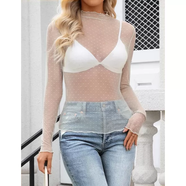 imageZESICA Womens Mesh Sheer Lace Top Long Sleeve Mock Neck See Through Polka Dot Slim Tee Shirt BlouseApricot