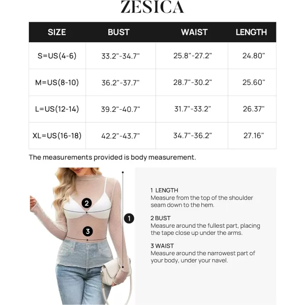 imageZESICA Womens Mesh Sheer Lace Top Long Sleeve Mock Neck See Through Polka Dot Slim Tee Shirt BlouseApricot