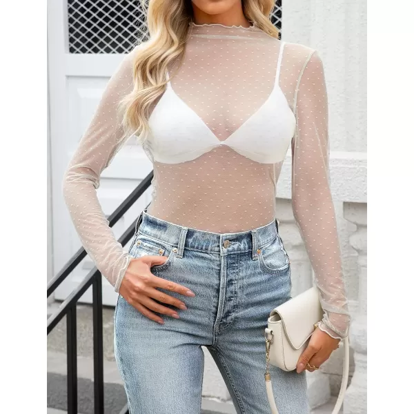 imageZESICA Womens Mesh Sheer Lace Top Long Sleeve Mock Neck See Through Polka Dot Slim Tee Shirt BlouseApricot