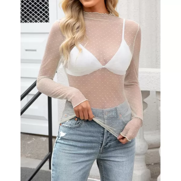 imageZESICA Womens Mesh Sheer Lace Top Long Sleeve Mock Neck See Through Polka Dot Slim Tee Shirt BlouseApricot